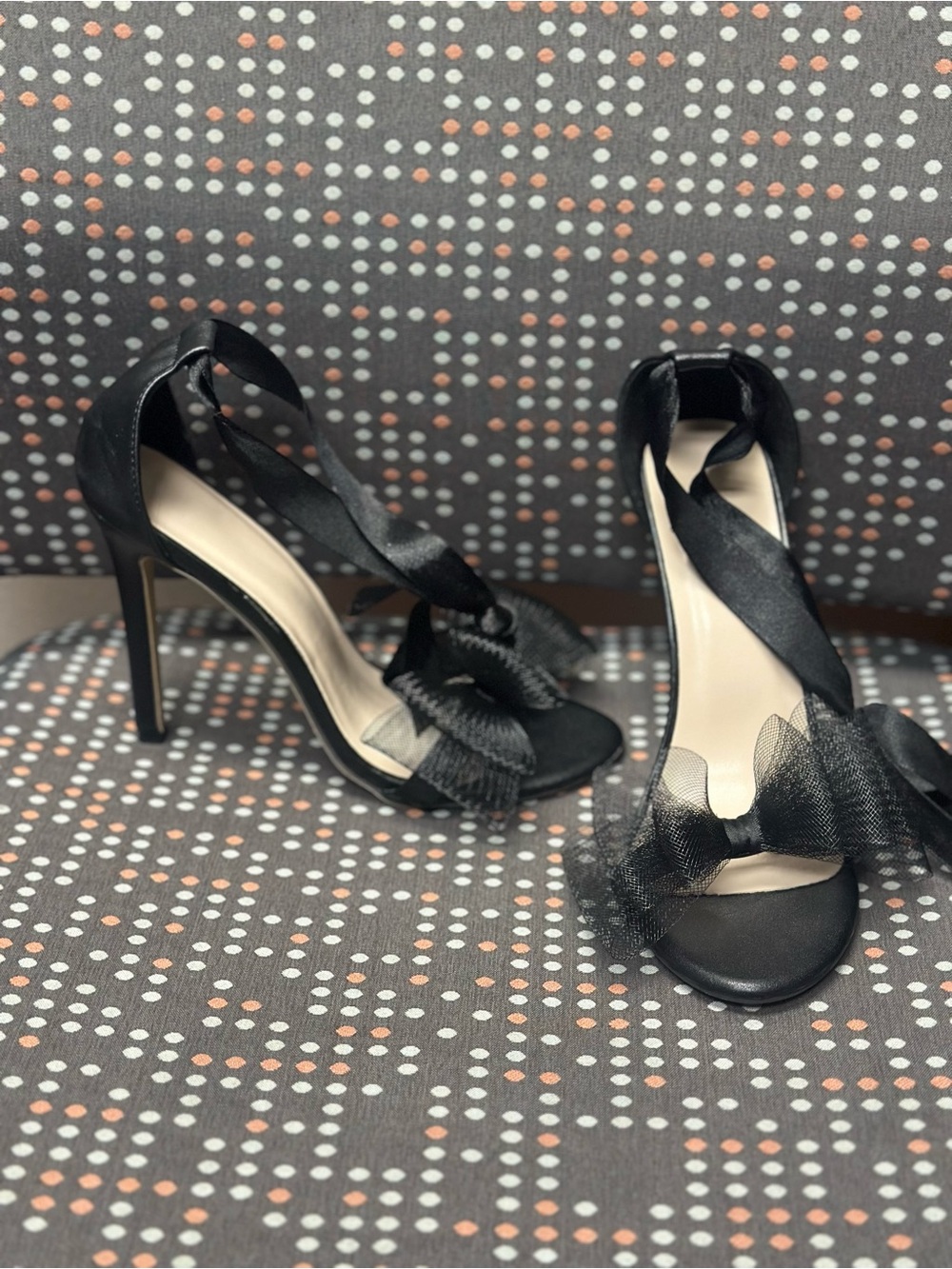 SHEIN Black Satin Stiletto Sandals with Bow Detail